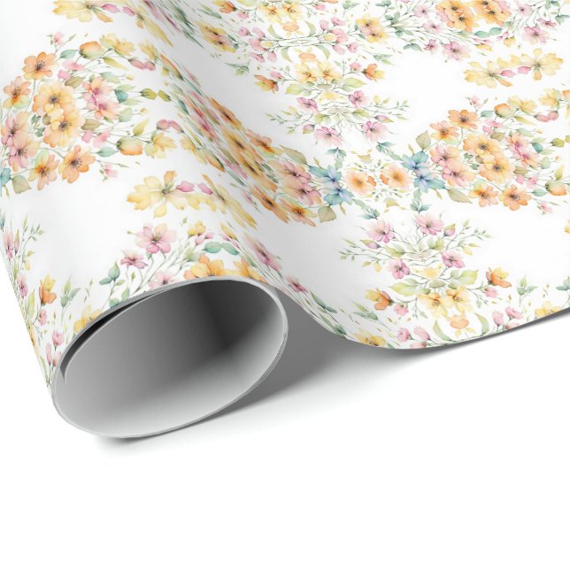 Pretty Boho Orange Pink Watercolor Wildflowers Wrapping Paper (Roll Corner)