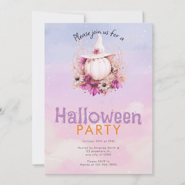 Pretty Boho Pumpkin Witch's Hat Halloween Party Invitation (Front)