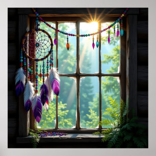 Pretty Boho Purple Dreamcatcher in Window Poster