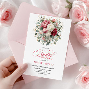 Pretty Boho Ruby White Gold Floral Bridal Shower Invitation