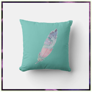 Pretty Boho Turquoise Aqua Blue Feather Cushion