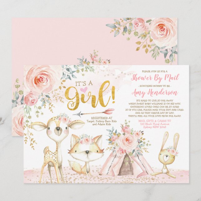 Pretty Boho Woodland Pink Gold Baby Shower By Mail Invitation (Front/Back)