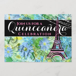 Pretty Bold Eiffel Tower Paris w/ Mass Quinceañera Invitation