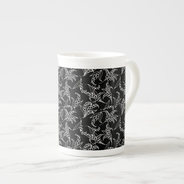 Pretty Bone China Mug: Lilies of the Valley, Black Bone China Mug (Front Right)