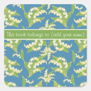 Pretty Bookplates: Lilies of the Valley, Blue Square Sticker
