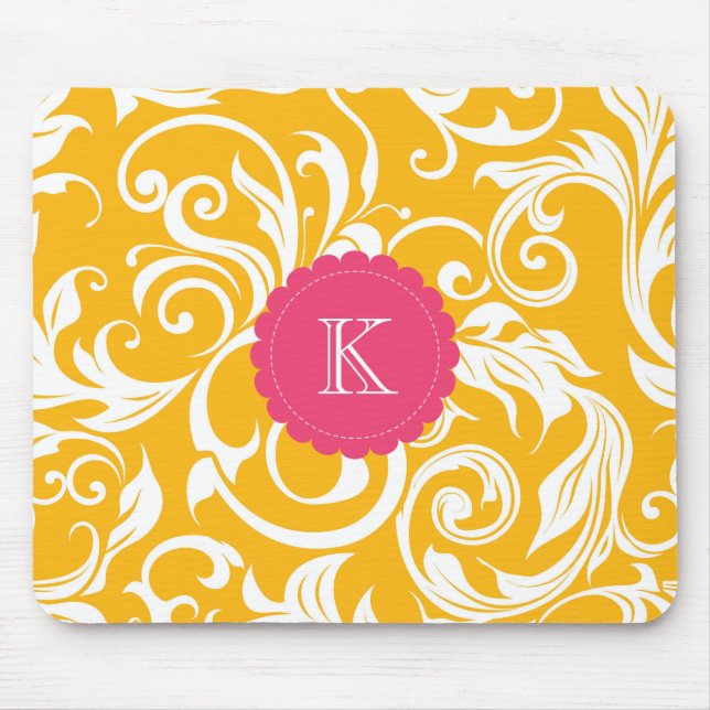 Pretty Boss Monogram Floral Wallpaper Orange Pink Mouse Mat (Front)