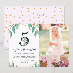 Pretty Botanical 5th Birthday Party Photo Invitation