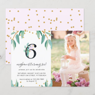 Pretty Botanical 6th Birthday Party Photo Invitation