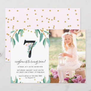 Pretty Botanical 7th Birthday Party Photo Invitation