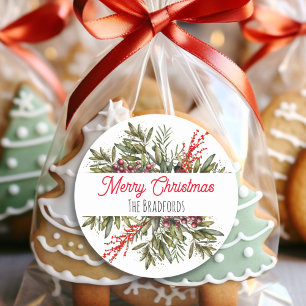 Pretty Botanical Christmas Foliage Classic Round Sticker