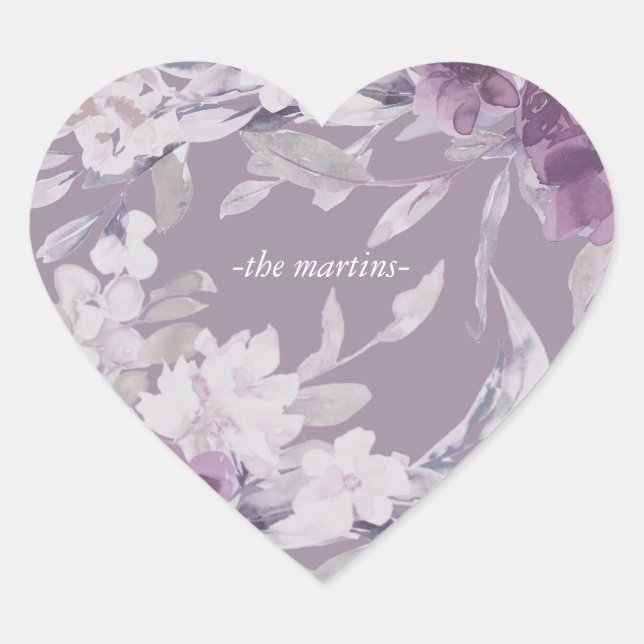 Pretty Botanical Floral with Name Wedding Heart Sticker (Front)