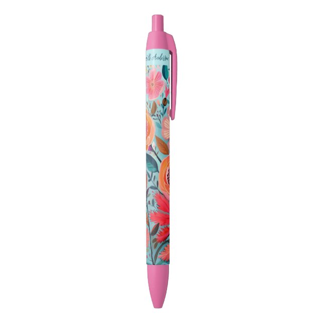 Pretty Botanical Girly Floral Black Ink Pen (Bottom (Vertical))