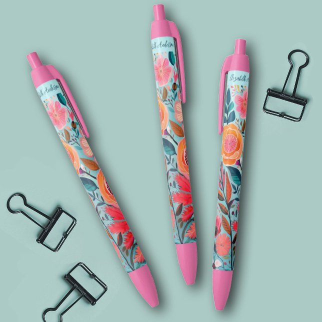 Pretty Botanical Girly Floral Black Ink Pen (Bright colorful floral pens. Personalize them with your name.)