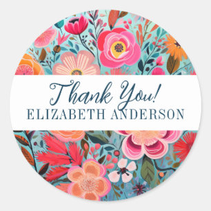Pretty Botanical Girly Floral Thank You Classic Round Sticker