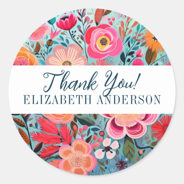 Pretty Botanical Girly Floral Thank You Classic Round Sticker (Front)