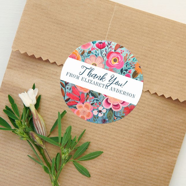 Pretty Botanical Girly Floral Thank You Classic Round Sticker (A pretty colorful floral Thank you sticker. Great for finishing off a small gift.)