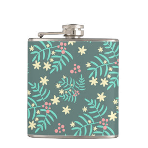 Pretty Botanical Leaves and Berries Blue Pattern Hip Flask