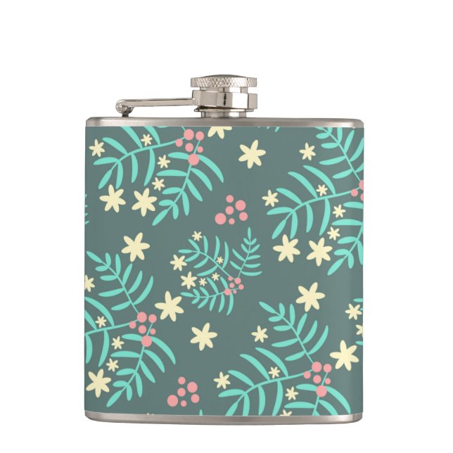 Pretty Botanical Leaves and Berries Blue Pattern Hip Flask (Front)