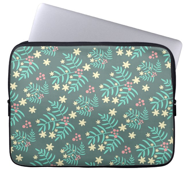 Pretty Botanical Leaves and Berries Blue Pattern Laptop Sleeve (Front)