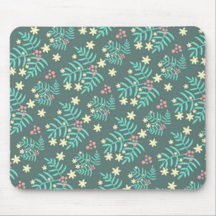 Pretty Botanical Leaves and Berries Blue Pattern Mouse Mat
