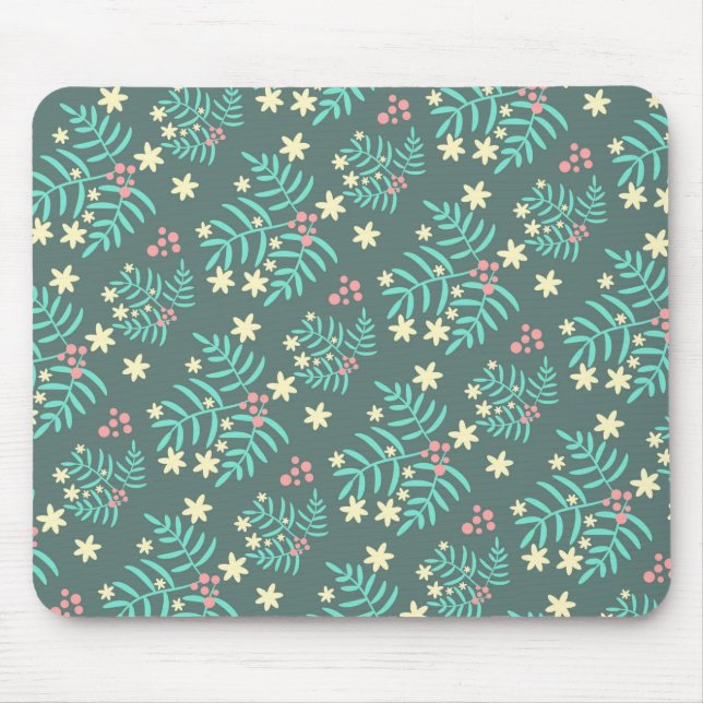 Pretty Botanical Leaves and Berries Blue Pattern Mouse Mat (Front)