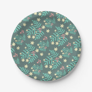 Pretty Botanical Leaves and Berries Blue Pattern Paper Plate