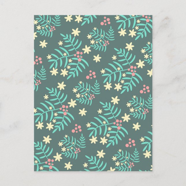 Pretty Botanical Leaves and Berries Blue Pattern Postcard (Front)