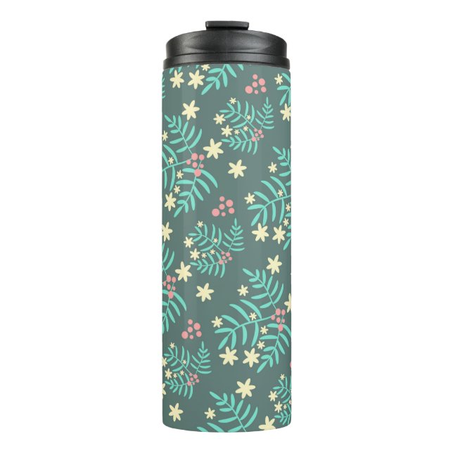 Pretty Botanical Leaves and Berries Blue Pattern Thermal Tumbler (Front)