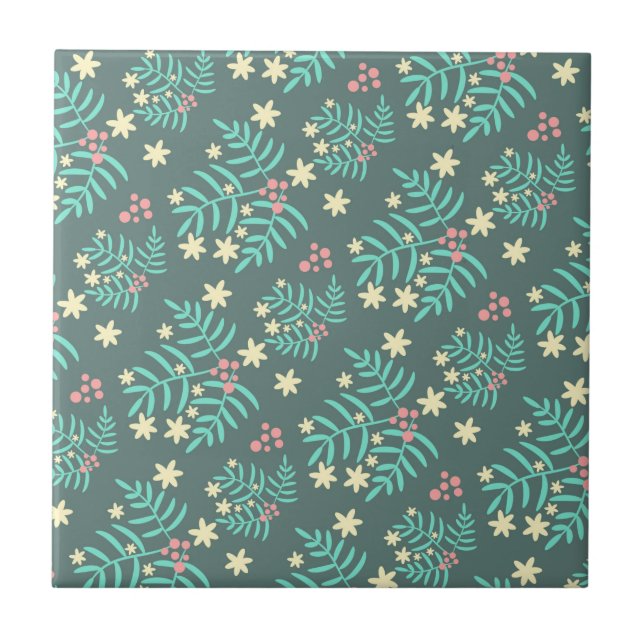 Pretty Botanical Leaves and Berries Blue Pattern Tile (Front)