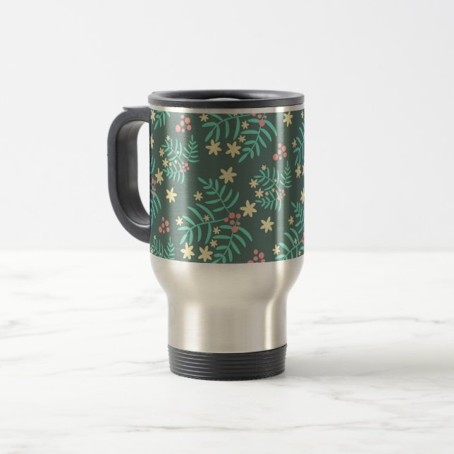Pretty Botanical Leaves and Berries Blue Pattern Travel Mug (Front Left)