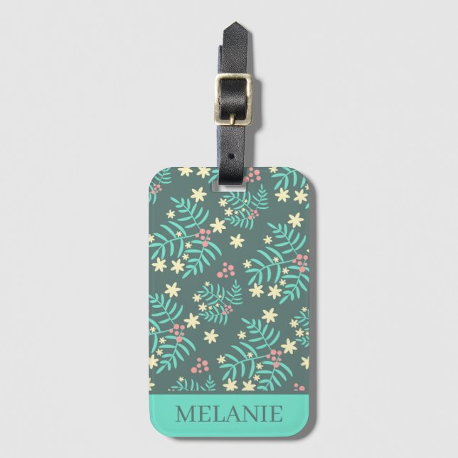 Pretty Botanical Leaves and Berries Personalised Luggage Tag (Front Vertical)