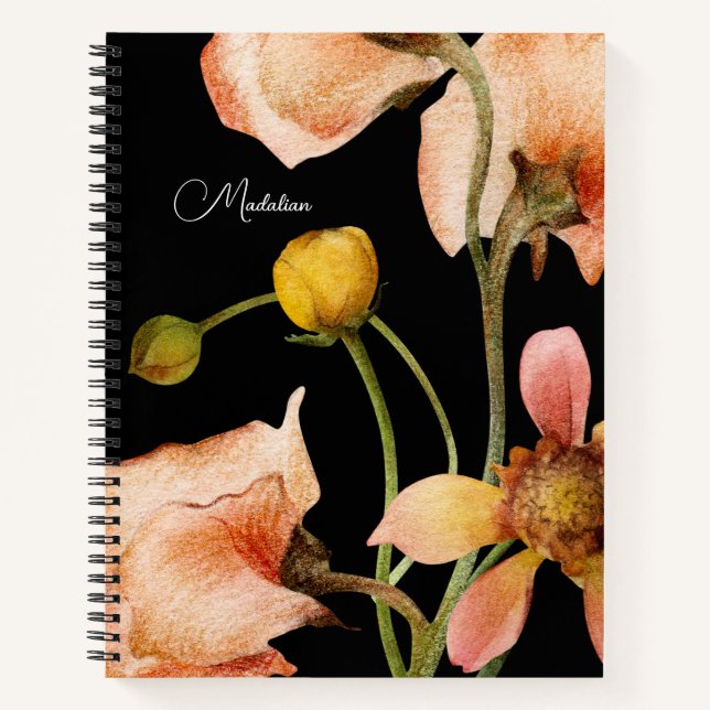 Pretty botanical Monogrammed Modern black Notebook (Front)