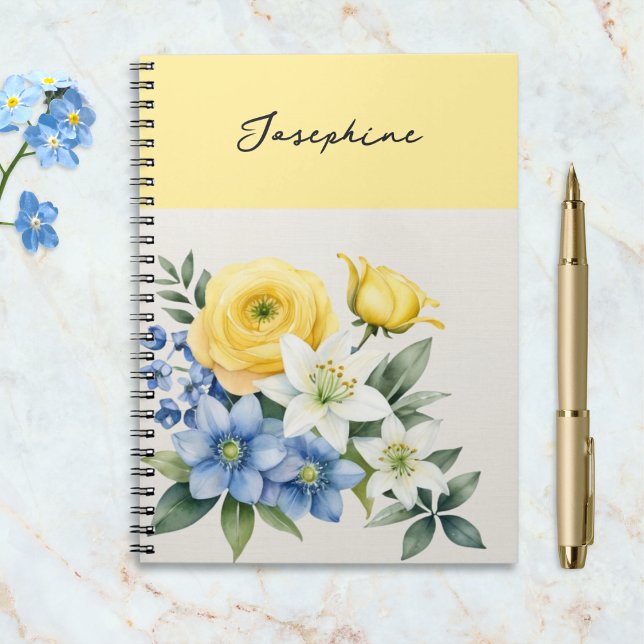 Pretty Botanical Watercolor Floral Personalized Notebook (A notebook with elegant script name and yellow, blue and white flowers in a watercolor style)