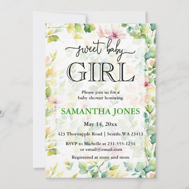 Pretty botanical watercolor wildflower  invitation (Front)