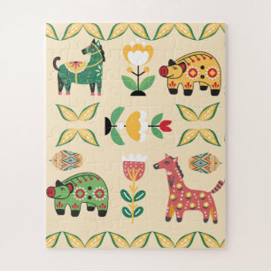 Pretty botanical with animals pastel pattern Pink Jigsaw Puzzle