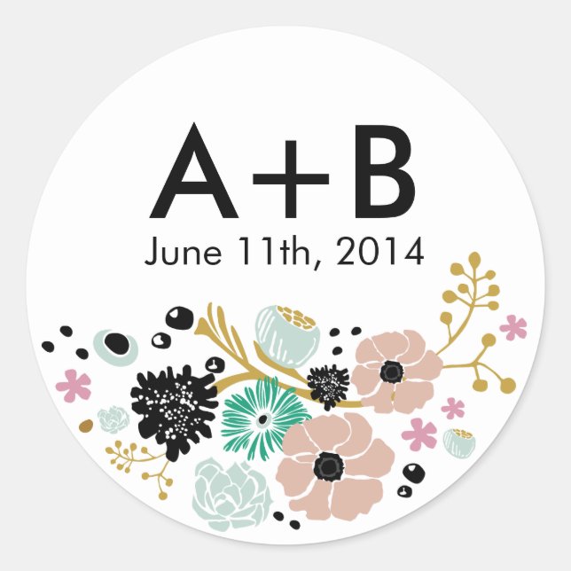 Pretty Bouquet Floral Wedding Circle Sticker Blush (Front)