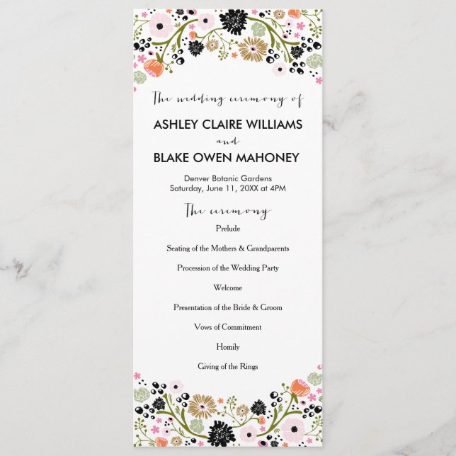 Pretty Bouquet Floral Wedding Program | Black Programme (Front)