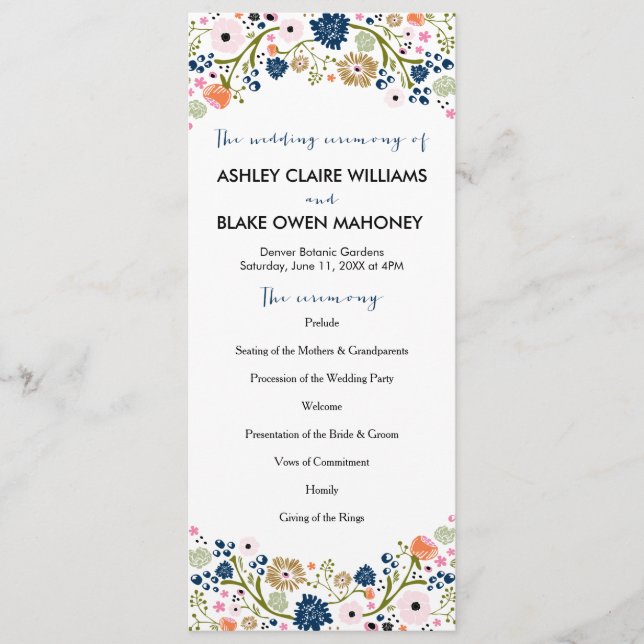 Pretty Bouquet Floral Wedding Program | Navy Programme (Front)