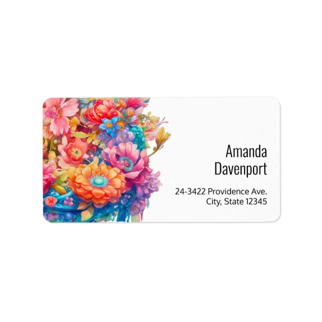 Pretty Bouquet Pink Orange & Blue Flowers Label (Front)