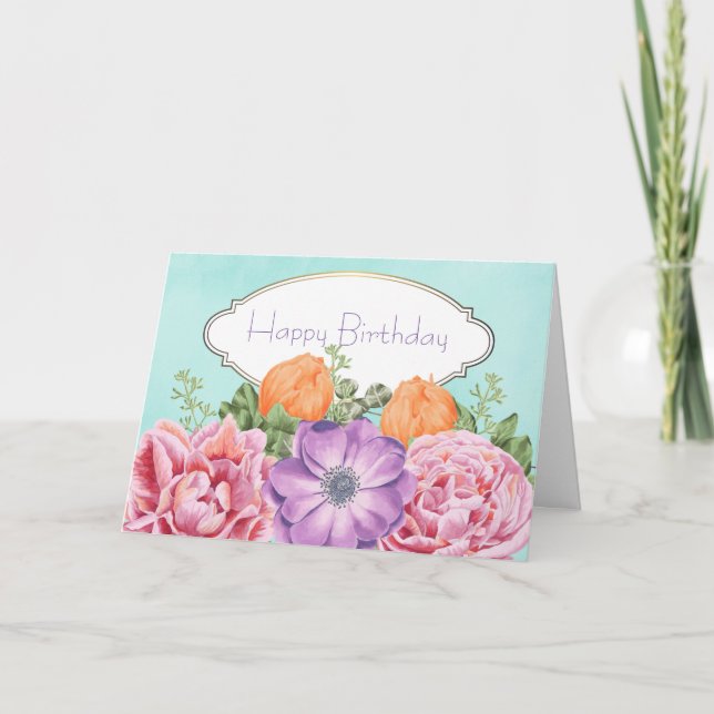 Pretty Bouquet Watercolor Flowers Happy Birthday Card (Front)