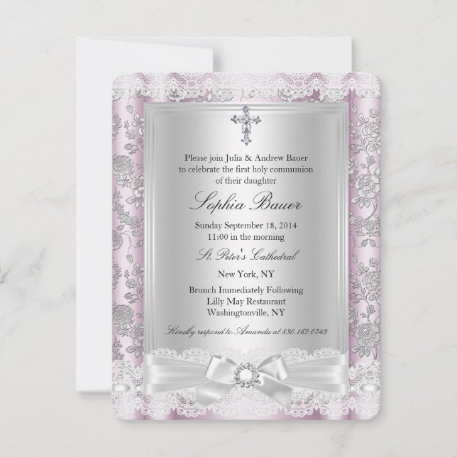 Pretty Bow Cross First Communion pink 3 Invitation (Front)