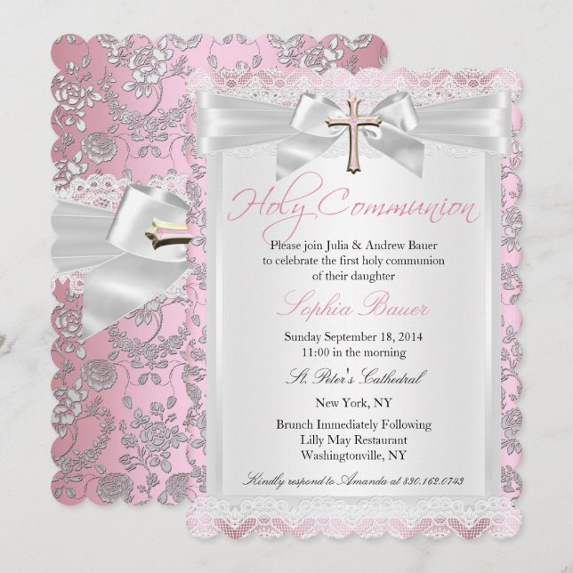 Pretty Bow Cross First Communion Pink Invitation (Front/Back)