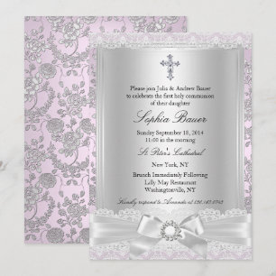 Pretty Bow Cross First Communion Purple Invitation