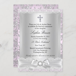 Pretty Bow Cross First Communion Purple Invitation