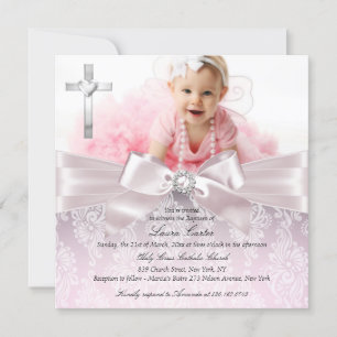 Pretty Bow & Cross Photo Pink Baptism/Christening Invitation