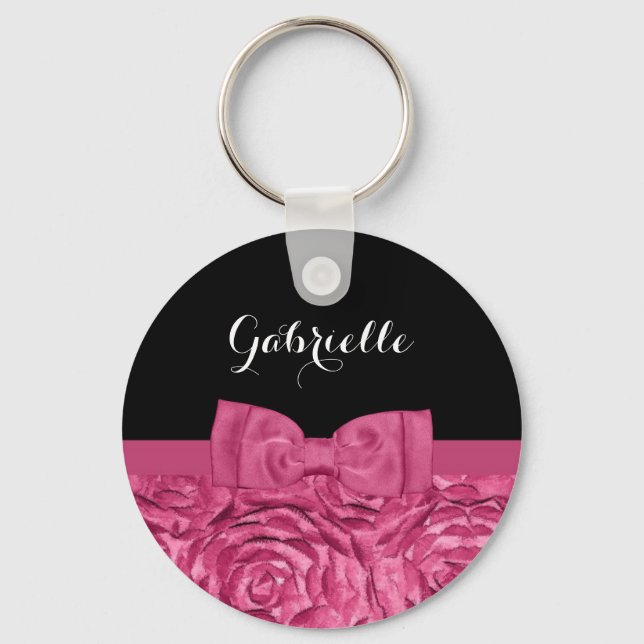 Pretty Bow Pink and Black Rose Pattern With Name Key Ring (Front)