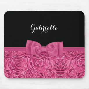 Pretty Bow Pink and Black Rose Pattern With Name Mouse Mat