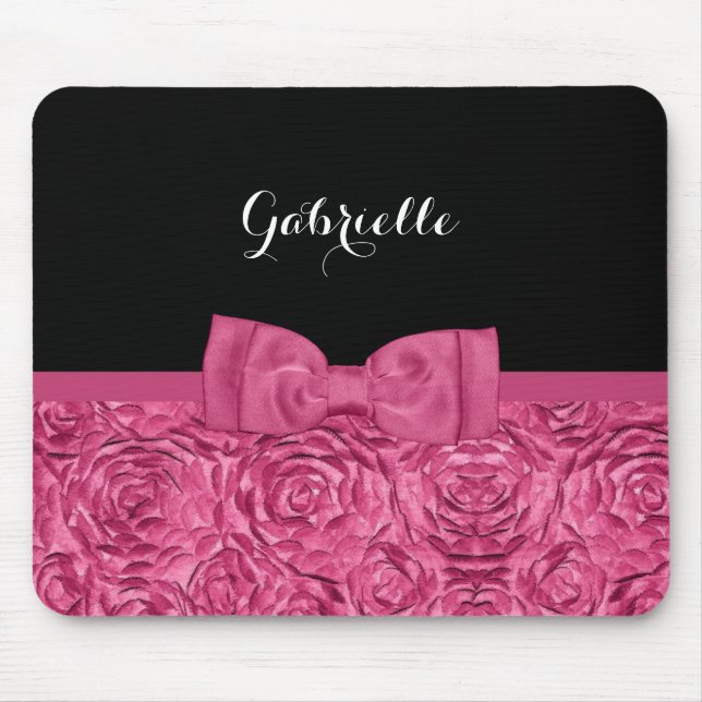 Pretty Bow Pink and Black Rose Pattern With Name Mouse Mat (Front)