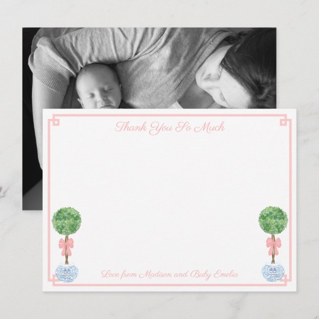 Pretty Boxwood Little Girl Baby Shower Birth Photo Thank You Card (Front/Back)