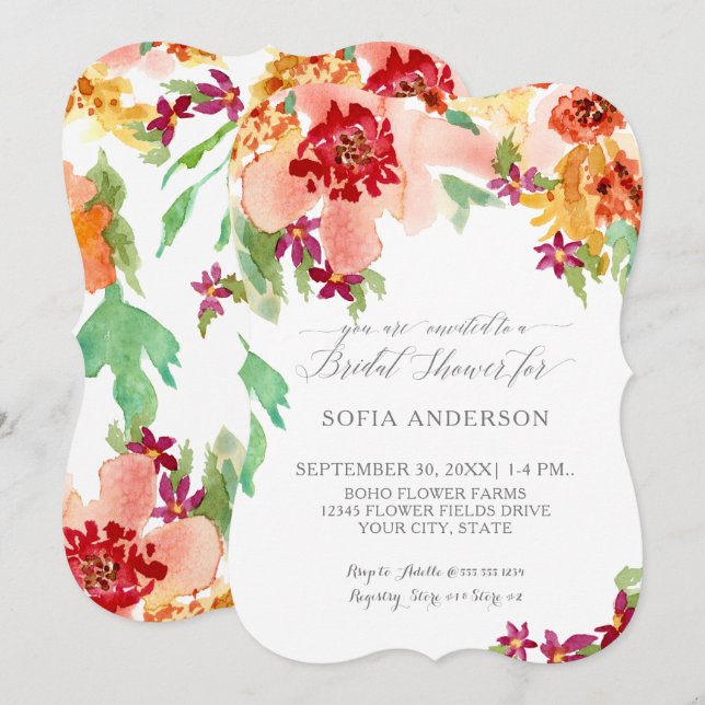 Pretty Bridal Shower Fall Floral Modern Watercolor Invitation (Front/Back)